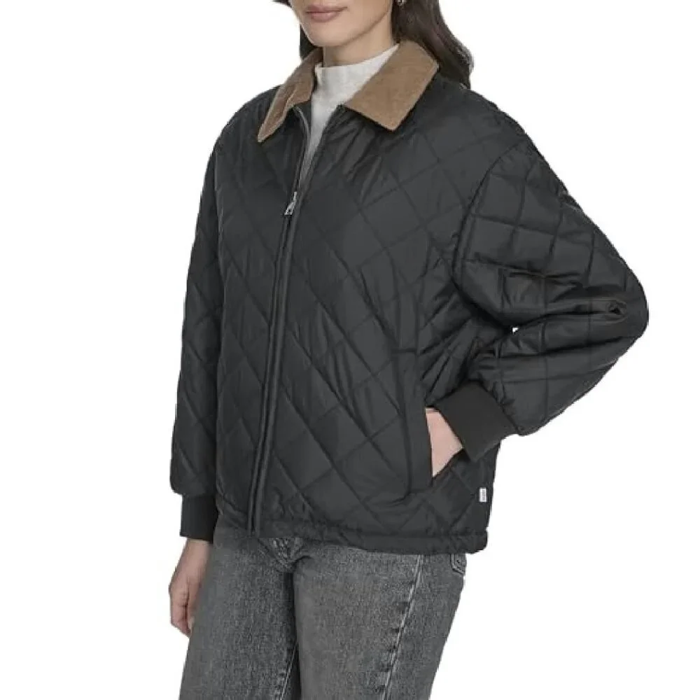 Quilted Diamond Jacket Corduroy Collar Rib Cuffs Zip Front
